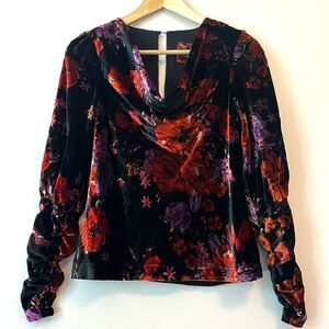 Anthropologie Maeve Velvet Burnout Floral Cowl Neck Top Whimsigoth Boho Black XS